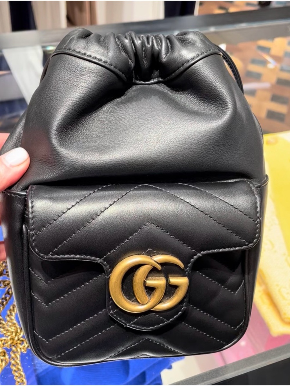 Brand New-Never worn Gucci Black Quilted Leather Mini Drawstring Bag w/Gold GG